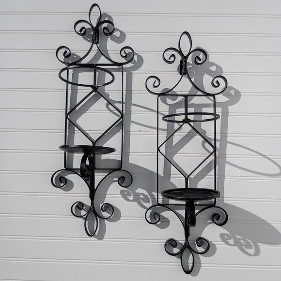 Black Wrought Iron Scroll Metal Wall Sconce Pair Pillar Candle Holders Sconces - Picture 3 of 11